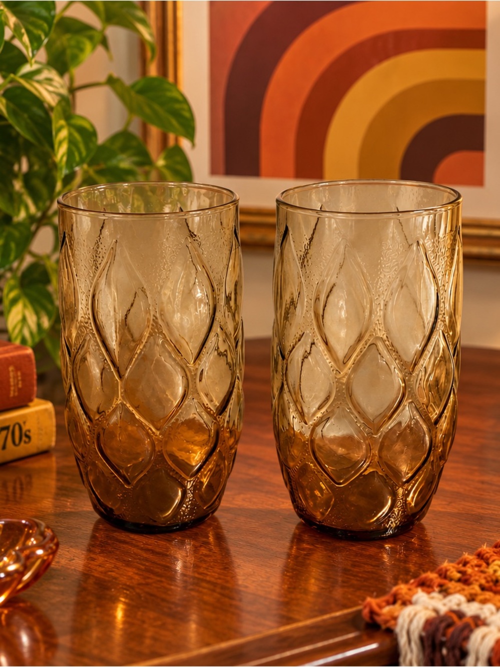 Vintage Anchor Hocking Madrid Amber Glass Tumbler Set of 2 Mid Century